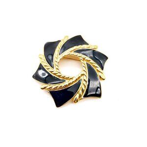 Trifari Black Enamel Pinwheel Brooch, Vintage Gold Tone Lapel Pin